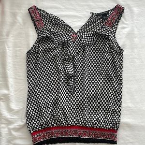 Black and White Polka dot Blouse with ruffles and hot pink details